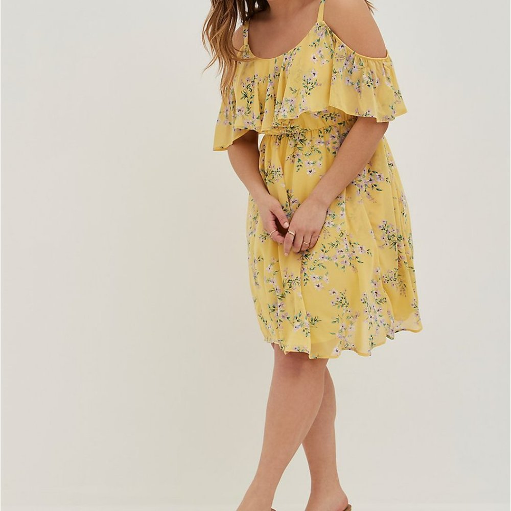 COLD SHOULDER MIDI DRESS - CHIFFON FLORAL YELLOW SIZE 30 NWT